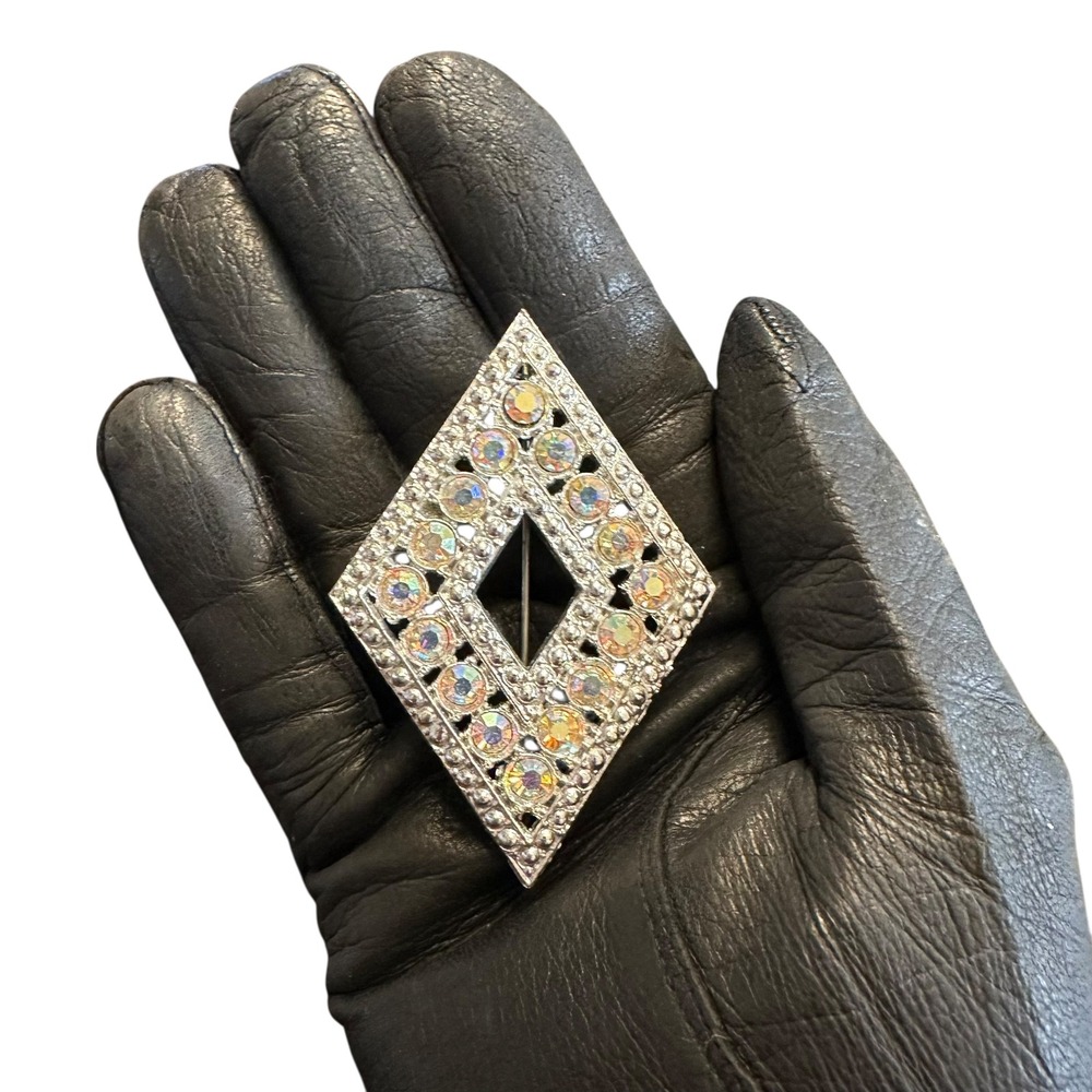 VTG Aurora Borealis Silvertone Brooch Diamond Shape AB Rhinestone Pin 1950s‎ MCM